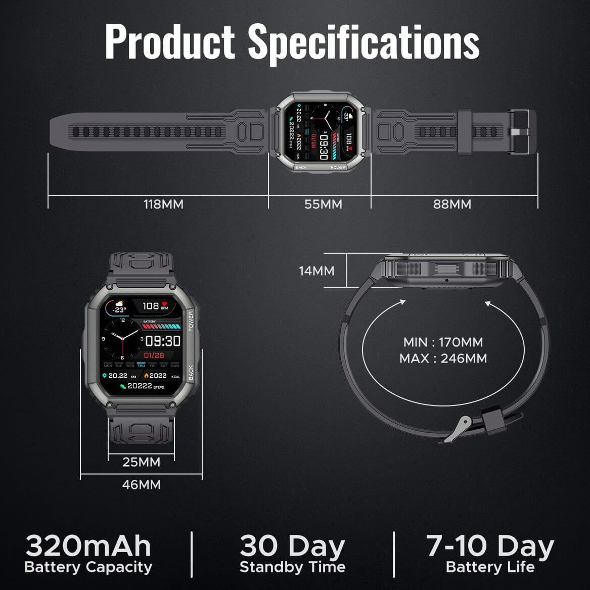 ساعة ذكية تكتيكية بسعة 320 مللي أمبير في الساعة